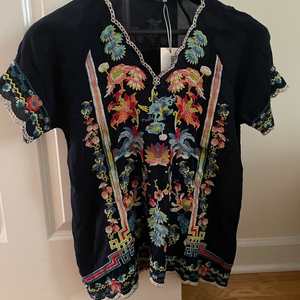 Johnny Was Navy Multicolor Embroidered V-Neck Tunic